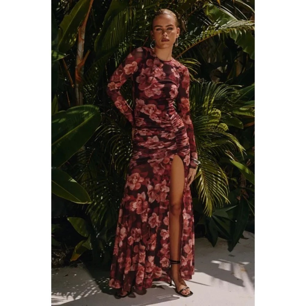 Runaway The Label Mesh Maxi Dress US 8 Maroon Floral Long Sleeve Formal Cocktail
